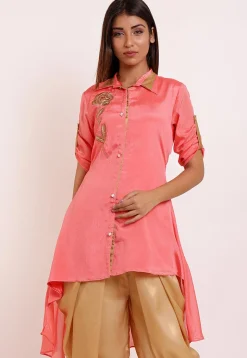 Embroidered Crepe High Low Kurti in Dark Peach