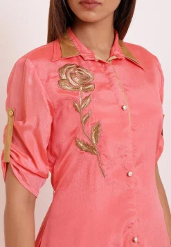 Embroidered Crepe High Low Kurti in Dark Peach