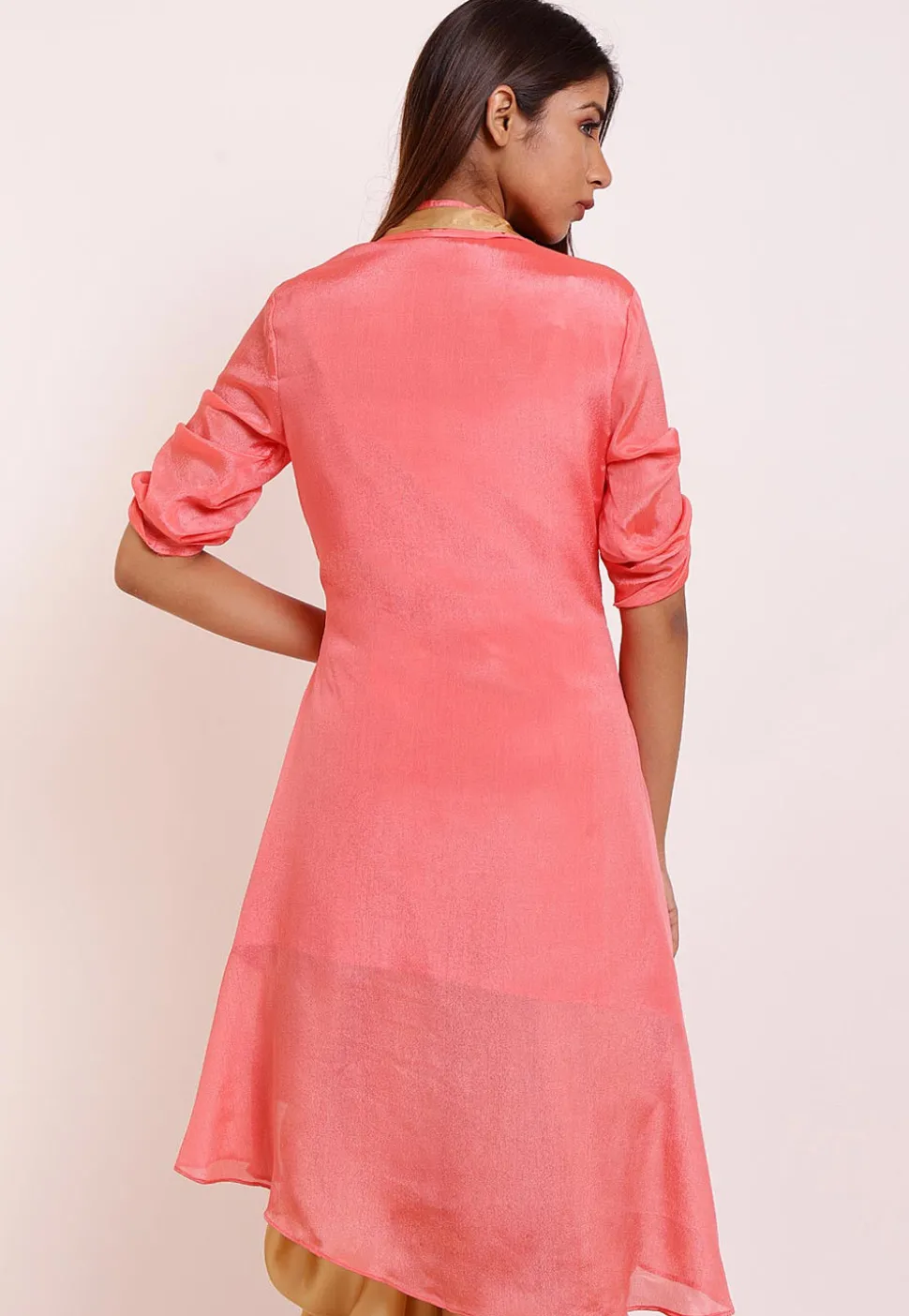 Embroidered Crepe High Low Kurti in Dark Peach