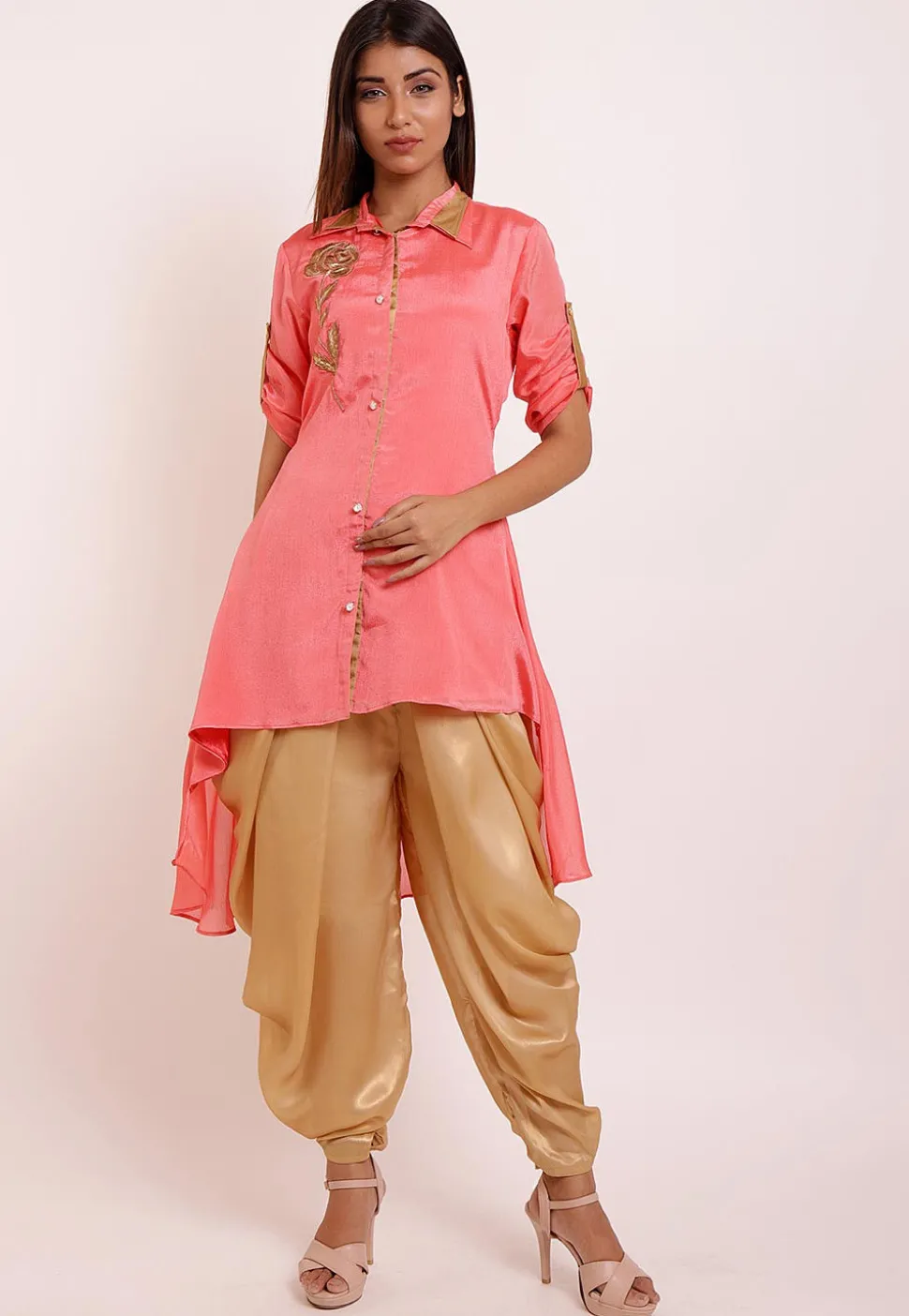 Embroidered Crepe High Low Kurti in Dark Peach