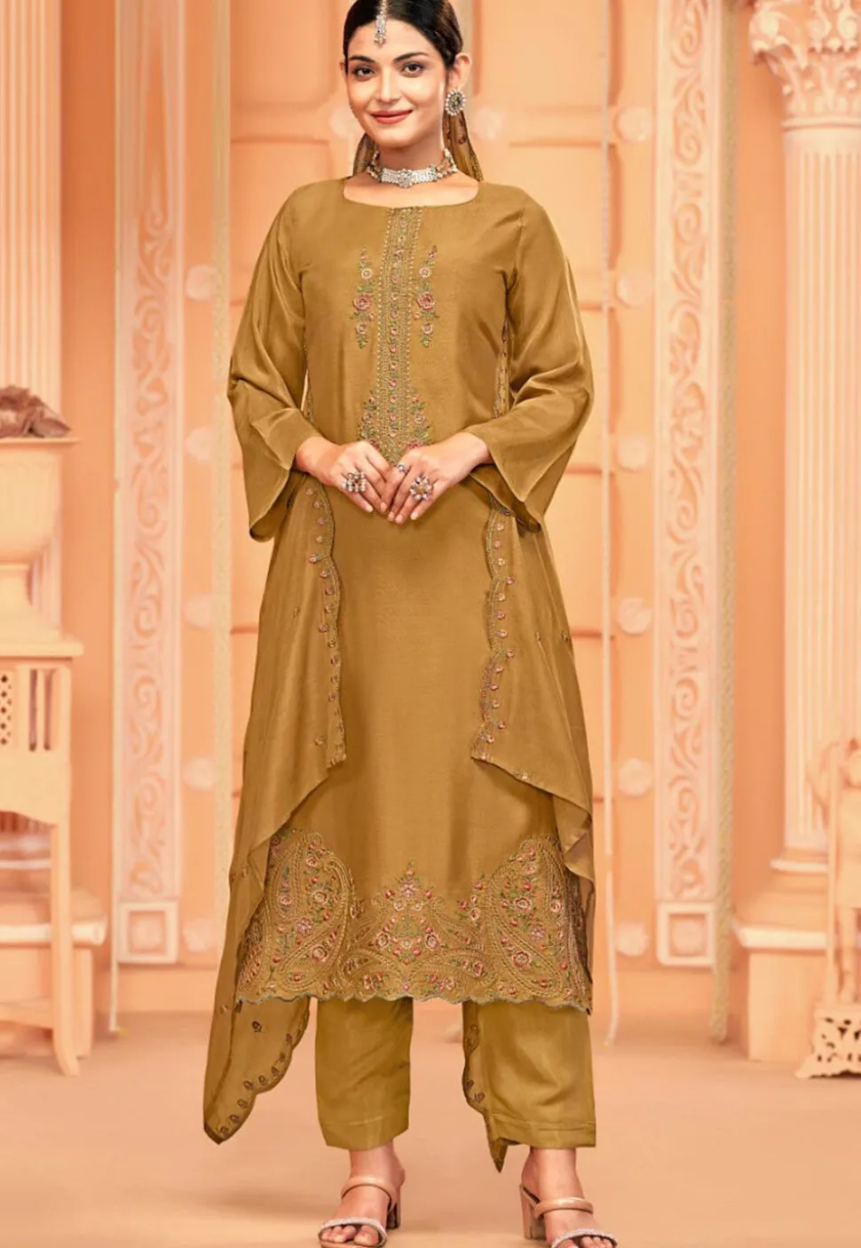 Embroidered Crepe Pakistani Suit in Mustard