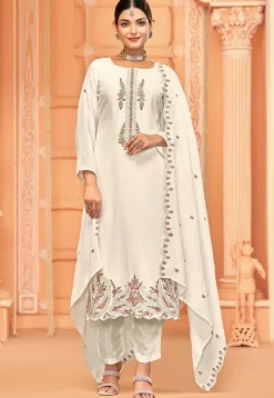 Embroidered Crepe Pakistani Suit in Off White