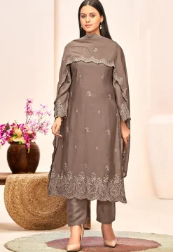 Embroidered Crepe Pakistani Suit in Brown