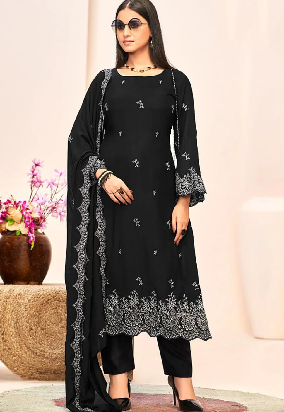 Embroidered Crepe Pakistani Suit in Black