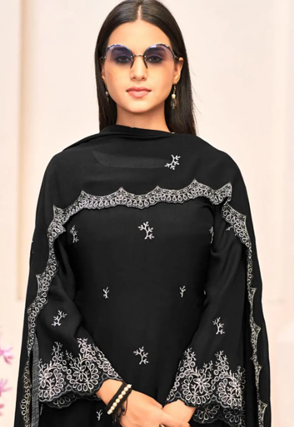 Embroidered Crepe Pakistani Suit in Black