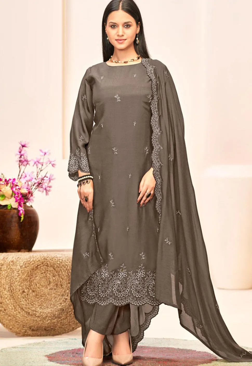 Embroidered Crepe Pakistani Suit in Grey