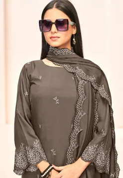 Embroidered Crepe Pakistani Suit in Grey