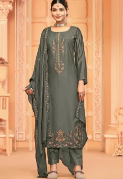 Embroidered Crepe Pakistani Suit in Dark Grey