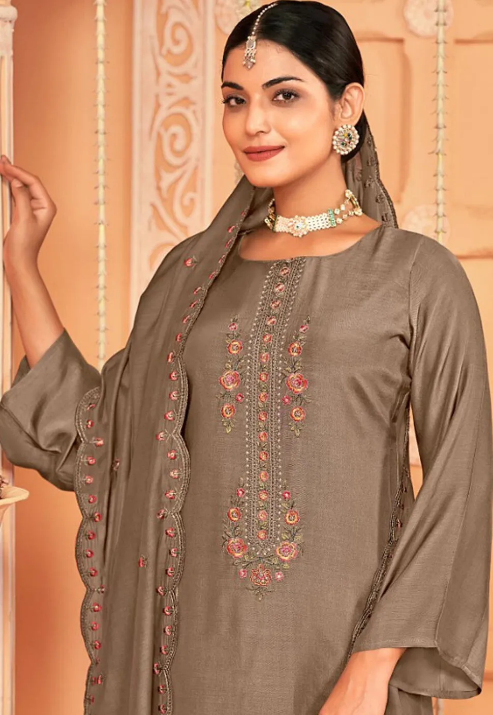 Embroidered Crepe Pakistani Suit in Grey