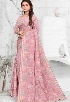 Embroidered Crepe Saree in Pink