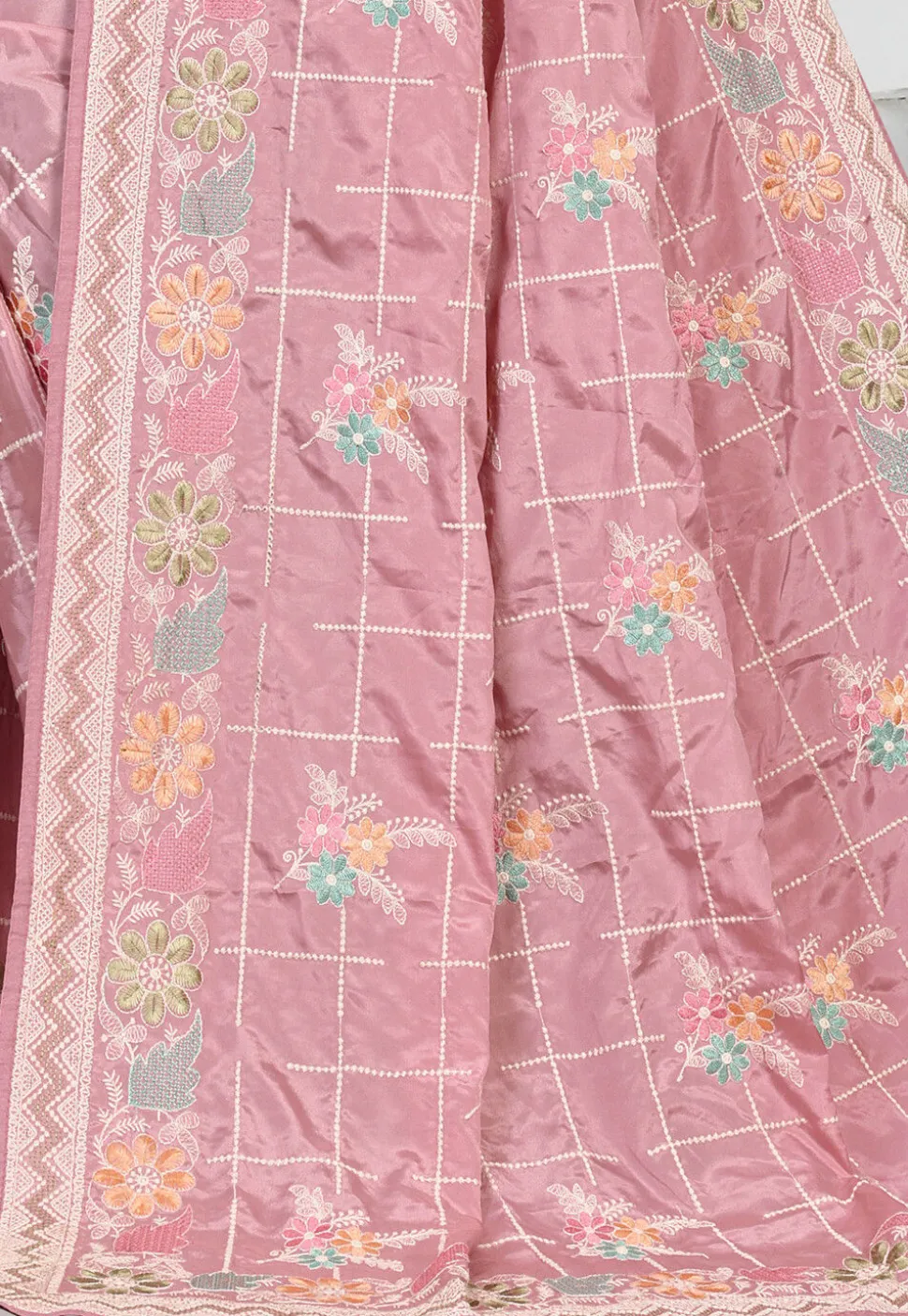 Embroidered Crepe Saree in Pink