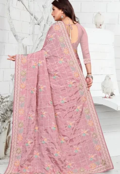 Embroidered Crepe Saree in Pink