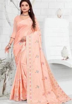 Embroidered Crepe Saree in Peach