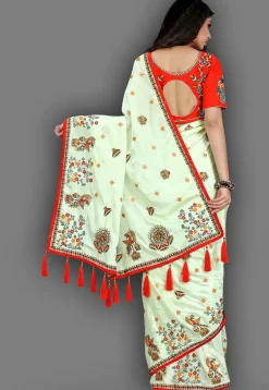 Embroidered Crepe Saree in Light Green