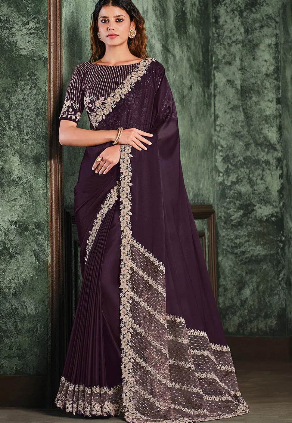 Embroidered Crepe Saree in Wine