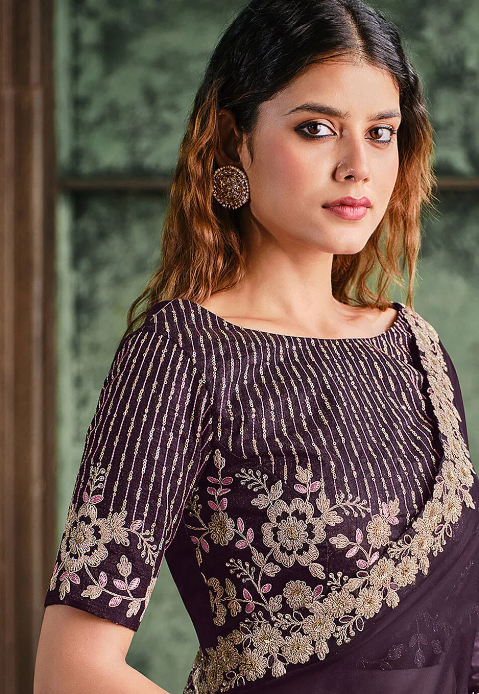 Embroidered Crepe Saree in Wine