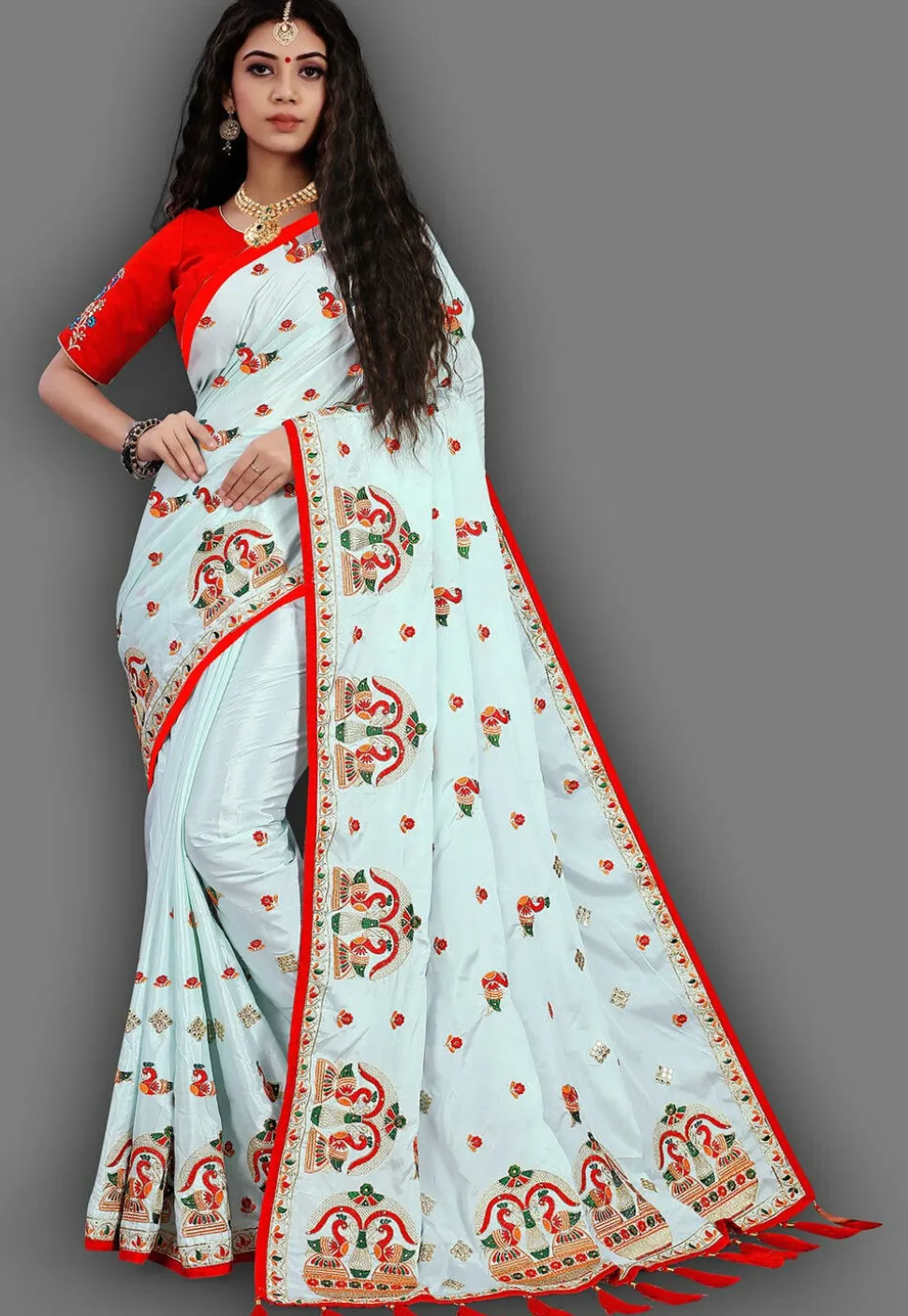 Embroidered Crepe Saree in Sky Blue