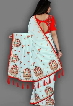 Embroidered Crepe Saree in Sky Blue