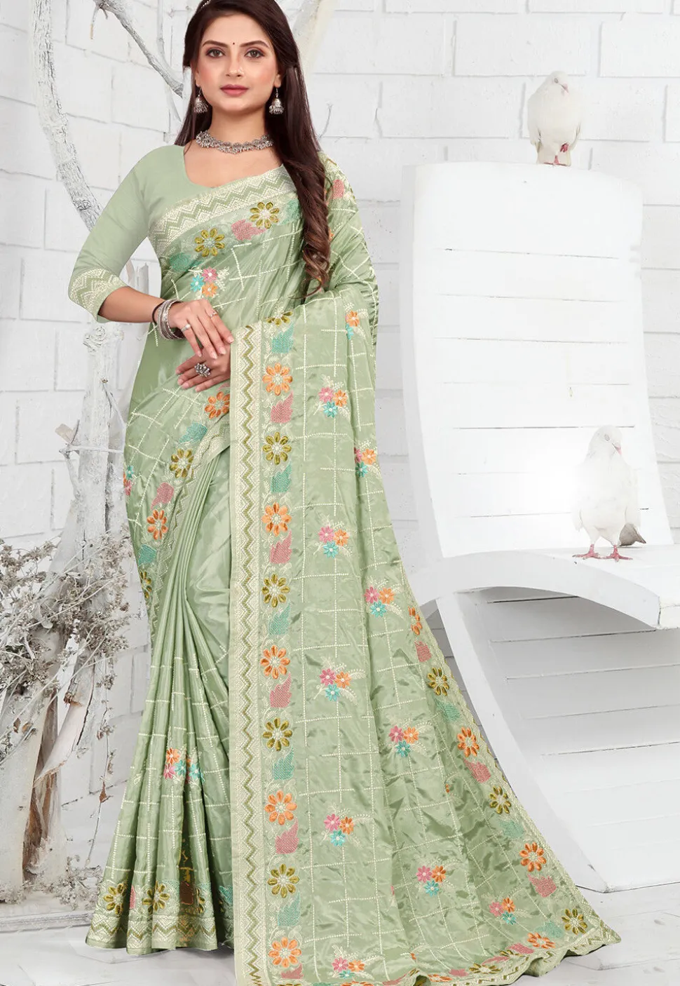Embroidered Crepe Saree in Dusty Green