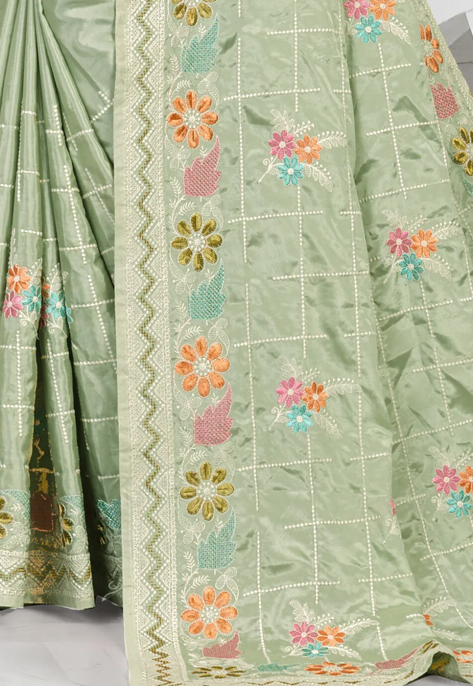Embroidered Crepe Saree in Dusty Green