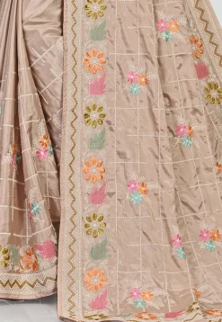 Embroidered Crepe Saree in Beige