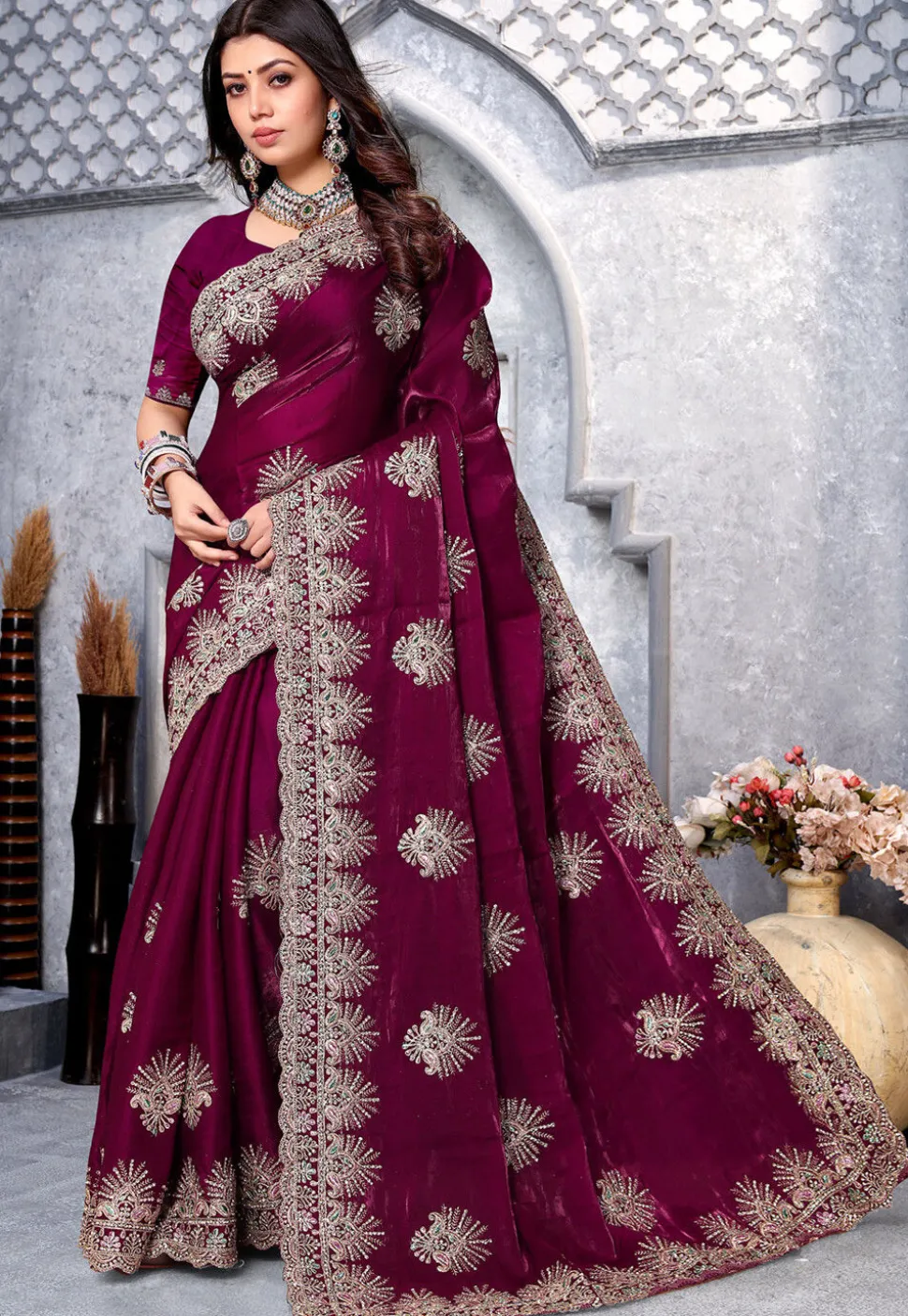 Embroidered Crepe Saree in Wine