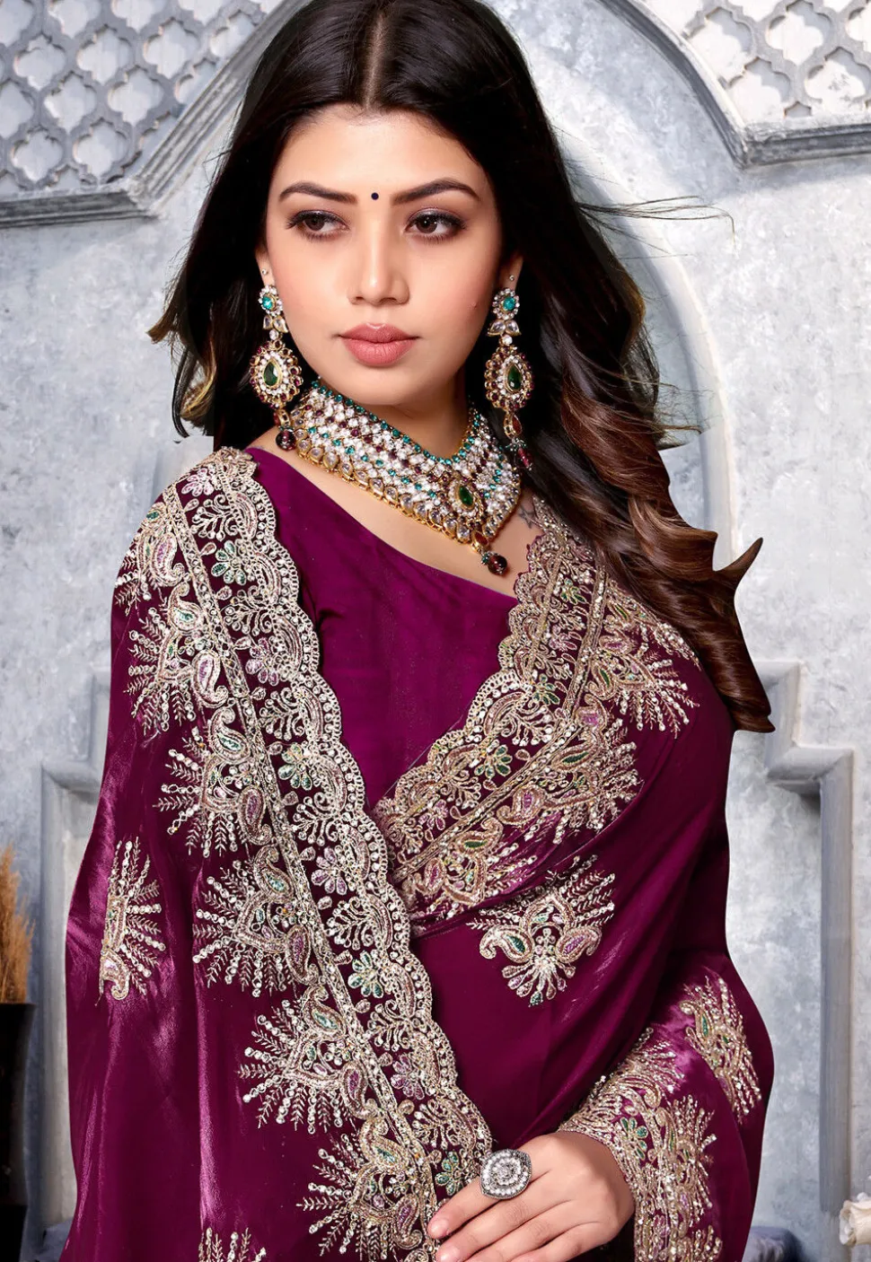 Embroidered Crepe Saree in Wine