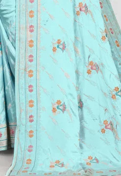 Embroidered Crepe Saree in Sky Blue
