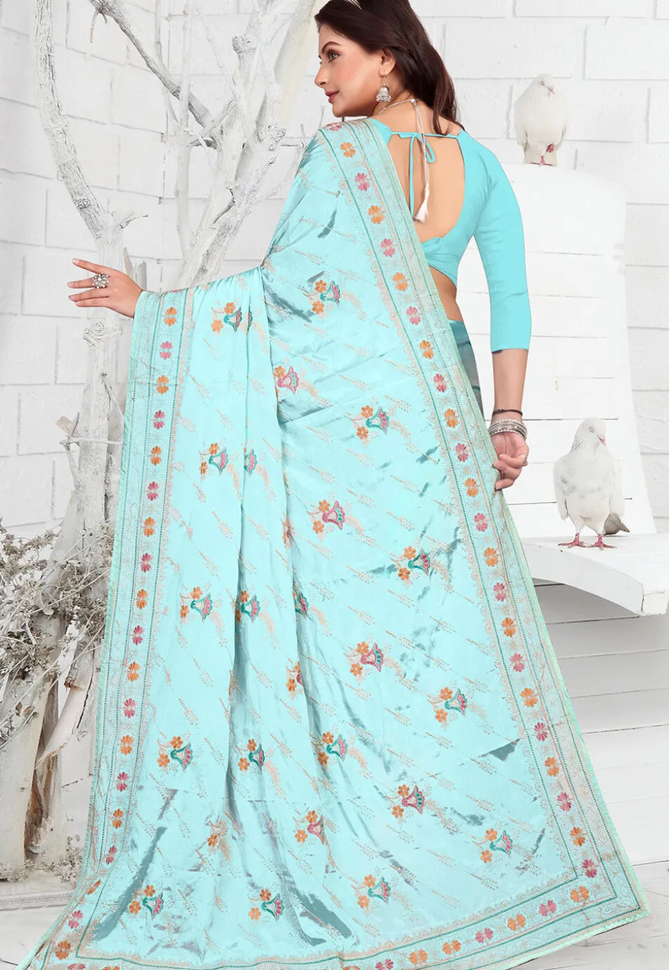 Embroidered Crepe Saree in Sky Blue