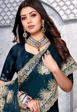 Embroidered Crepe Saree in Teal Blue