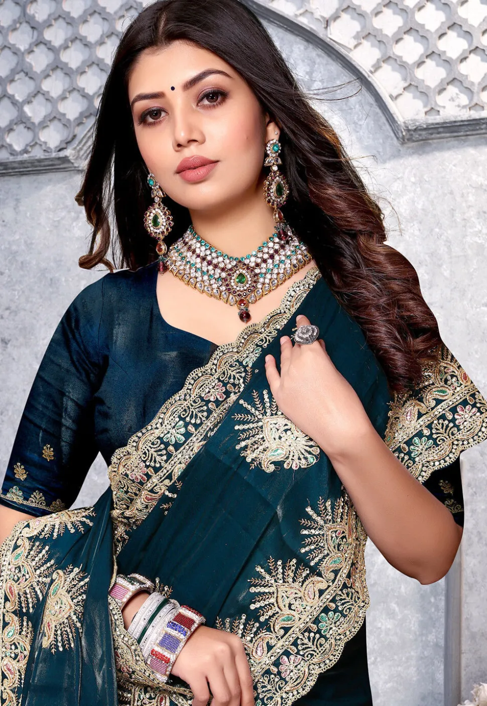 Embroidered Crepe Saree in Teal Blue