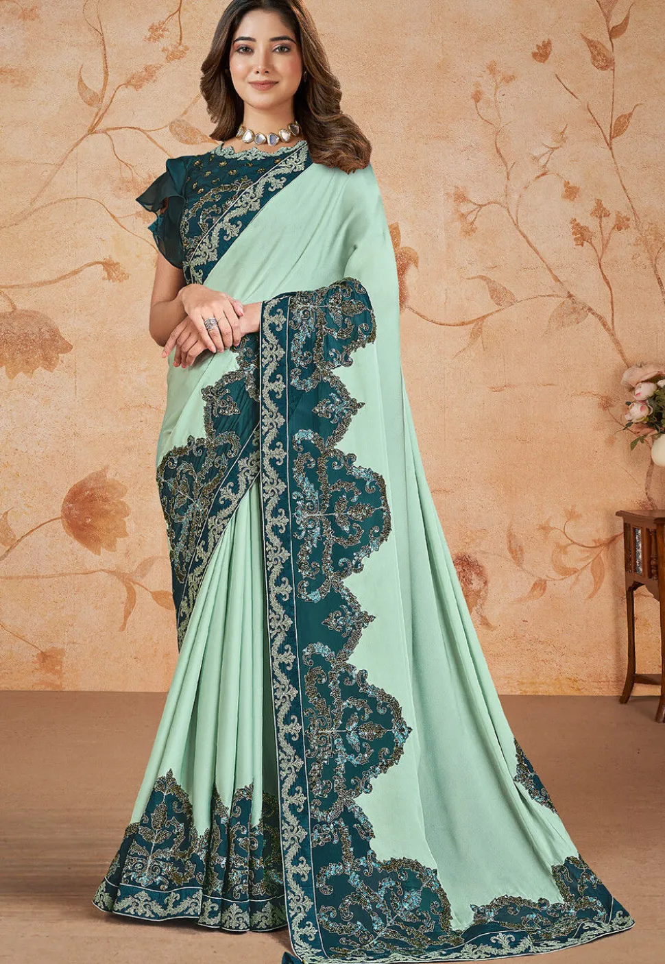 Embroidered Crepe Saree in Sea Green
