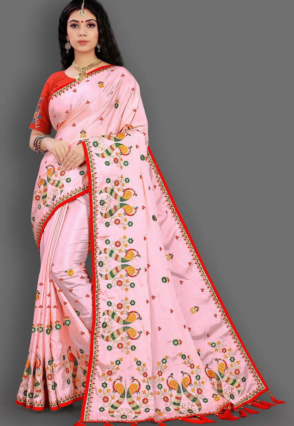 Embroidered Crepe Saree in Light Pink