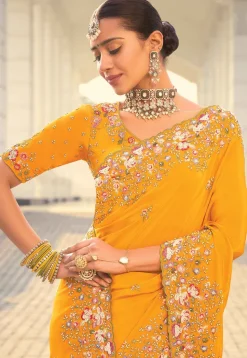 Embroidered Crepe Scalloped Saree in Mustard