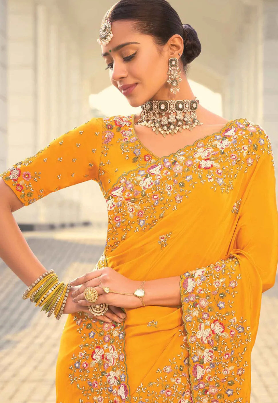 Embroidered Crepe Scalloped Saree in Mustard