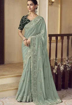 Embroidered Crepe Scalloped Saree in Dusty Green