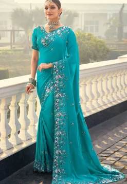 Embroidered Crepe Scalloped Saree in Blue