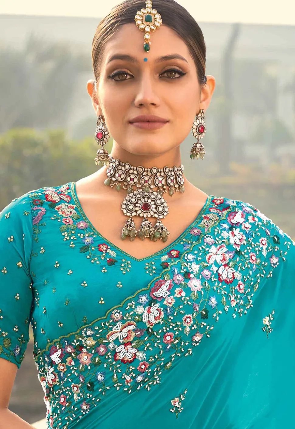 Embroidered Crepe Scalloped Saree in Blue