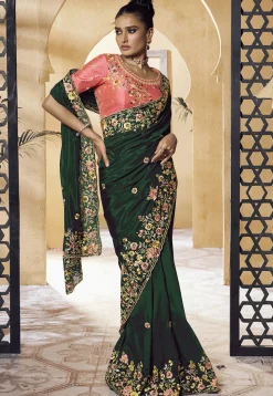 Embroidered Crepe Scalloped Saree in Dark Green