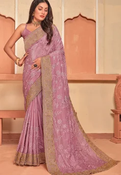 Embroidered Crepe Scalloped Saree in Pink
