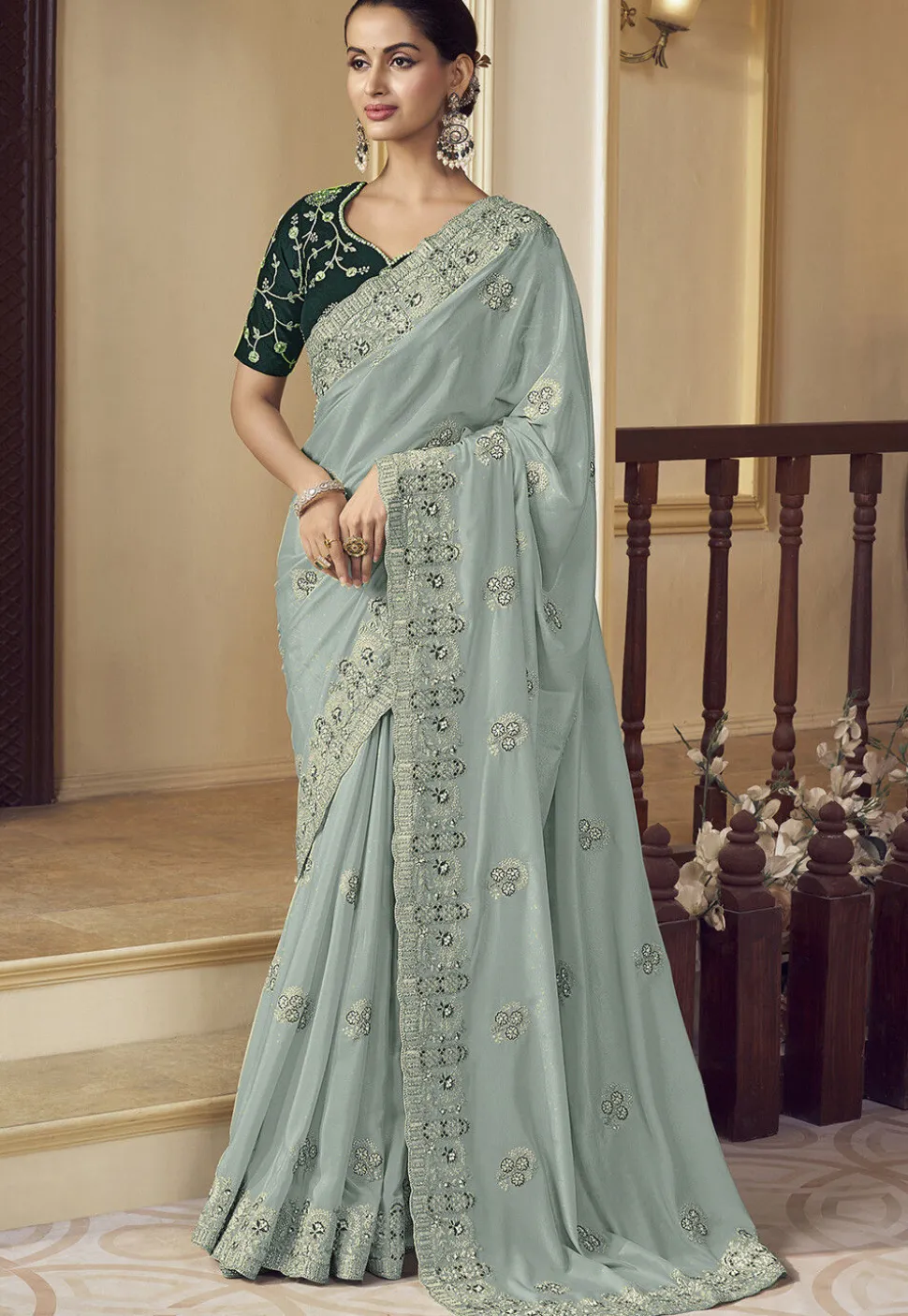 Embroidered Crepe Scalloped Saree in Dusty Blue