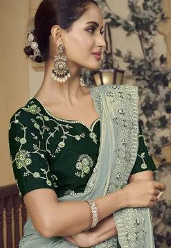 Embroidered Crepe Scalloped Saree in Dusty Blue