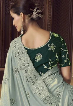 Embroidered Crepe Scalloped Saree in Dusty Blue