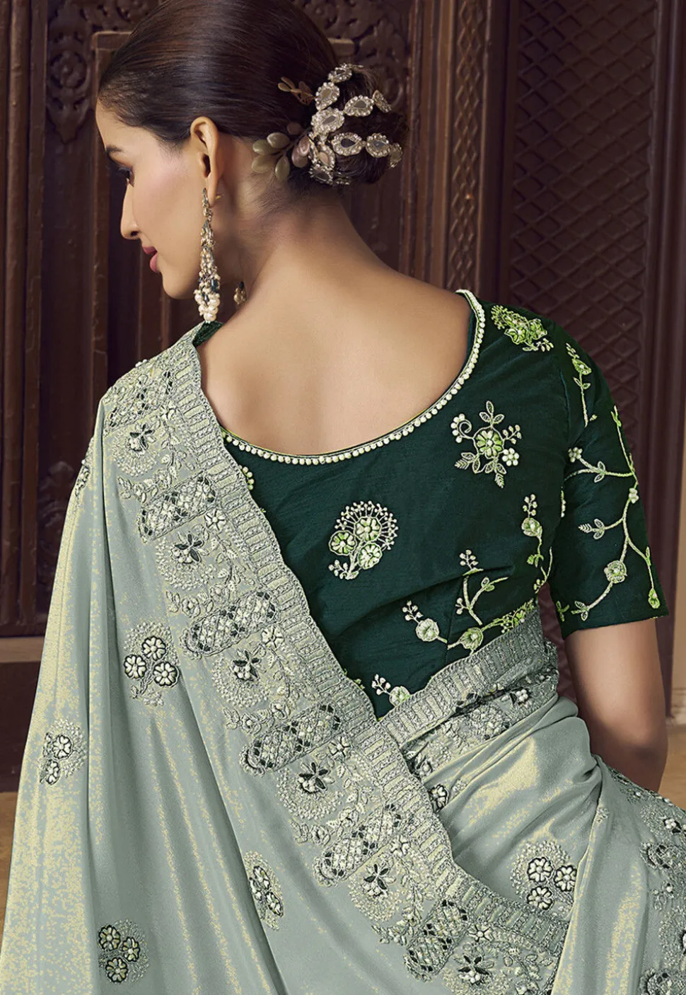 Embroidered Crepe Scalloped Saree in Dusty Blue