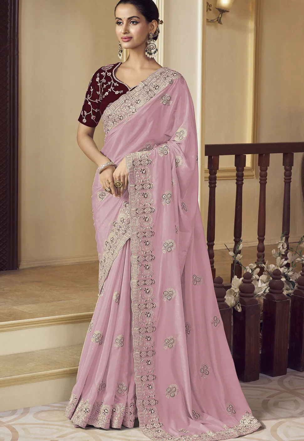 Embroidered Crepe Scalloped Saree in Pink