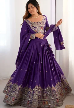 Embroidered Crepe Silk Lehenga in Purple