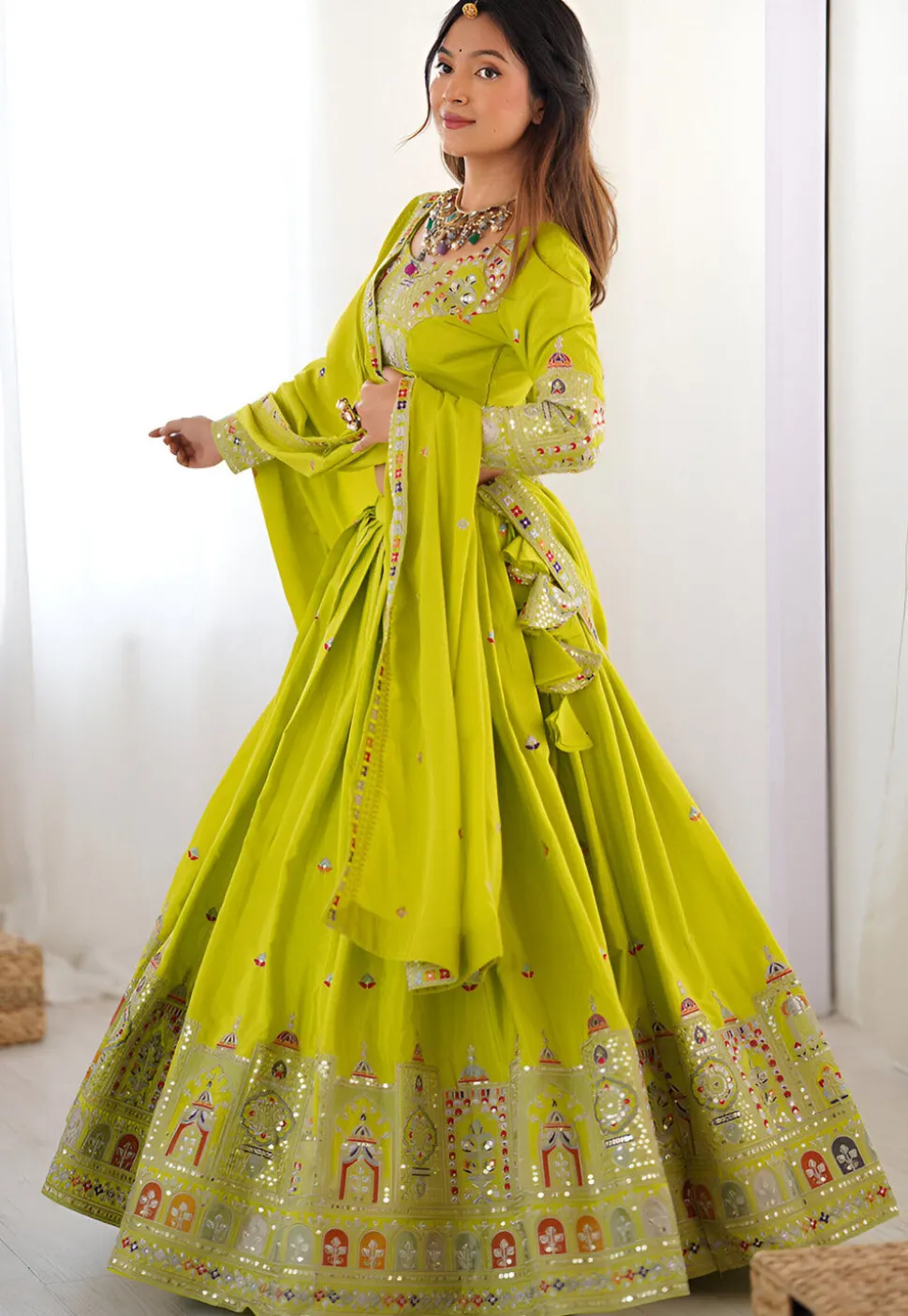Embroidered Crepe Silk Lehenga in Green
