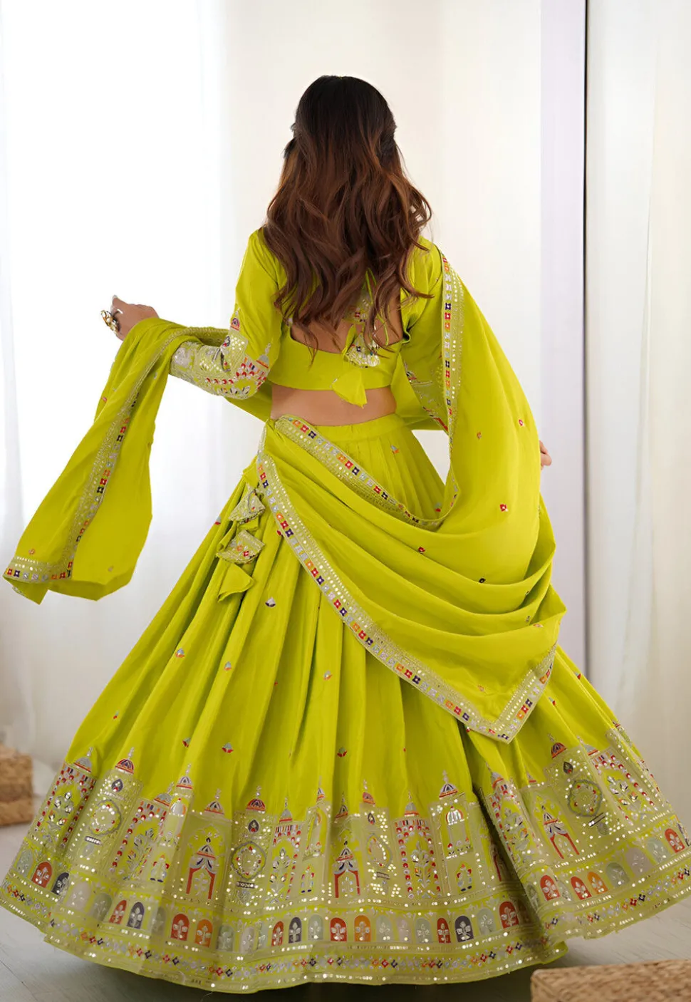 Embroidered Crepe Silk Lehenga in Green
