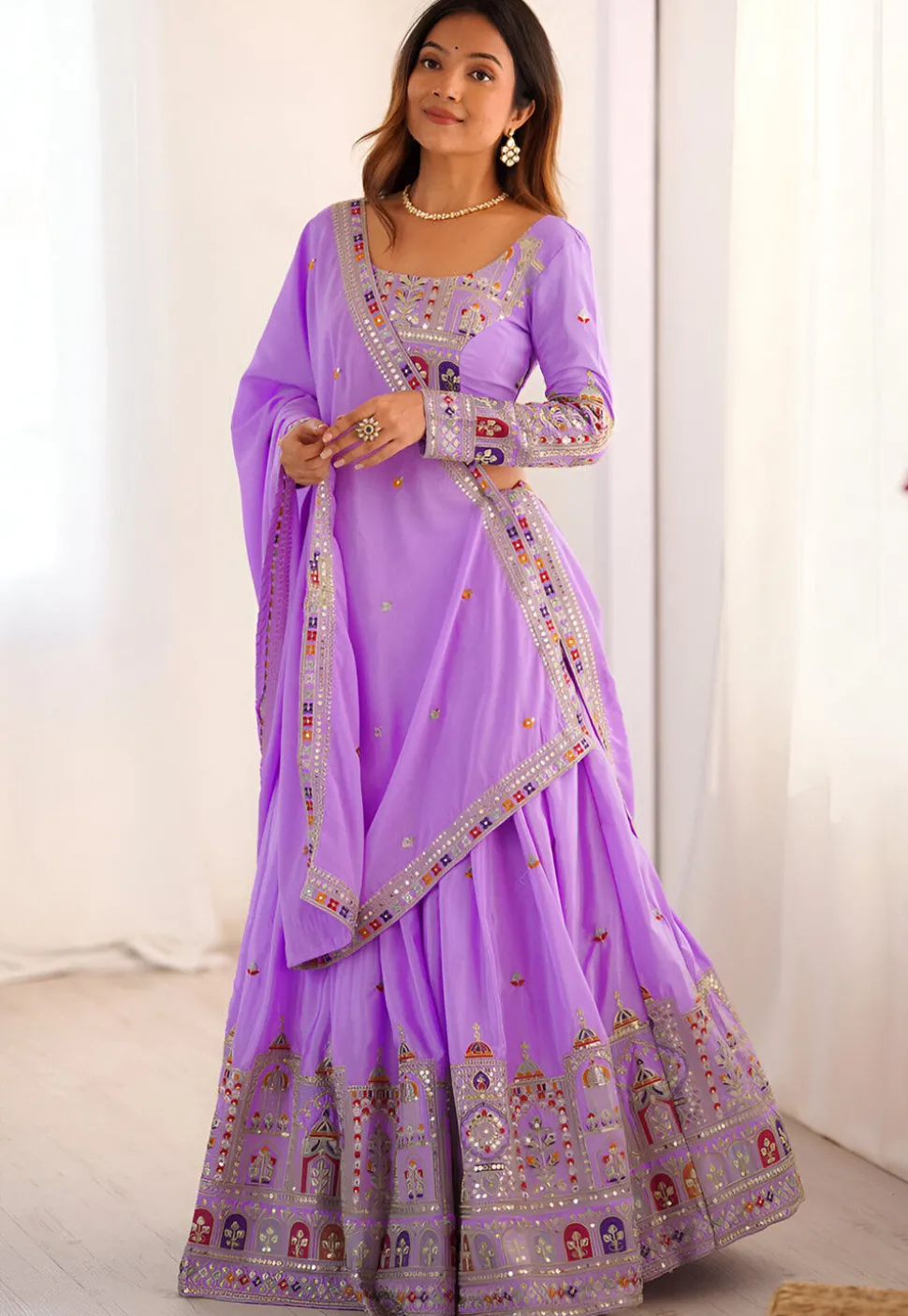 Embroidered Crepe Silk Lehenga in Purple