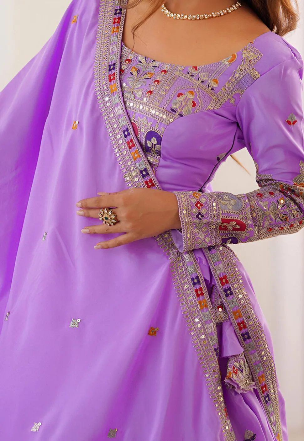 Embroidered Crepe Silk Lehenga in Purple